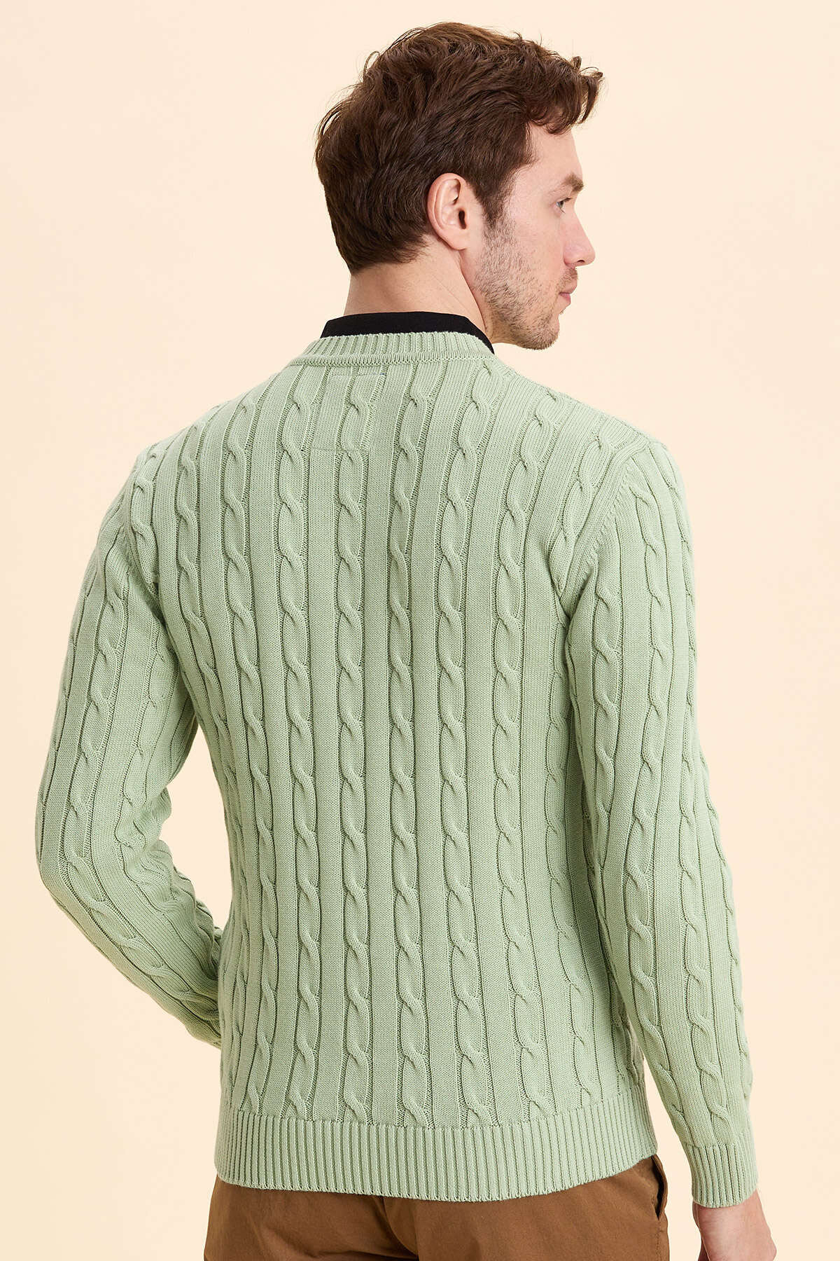 Light Green 100% Cotton Cable Knit Crew Neck Sweater - 6