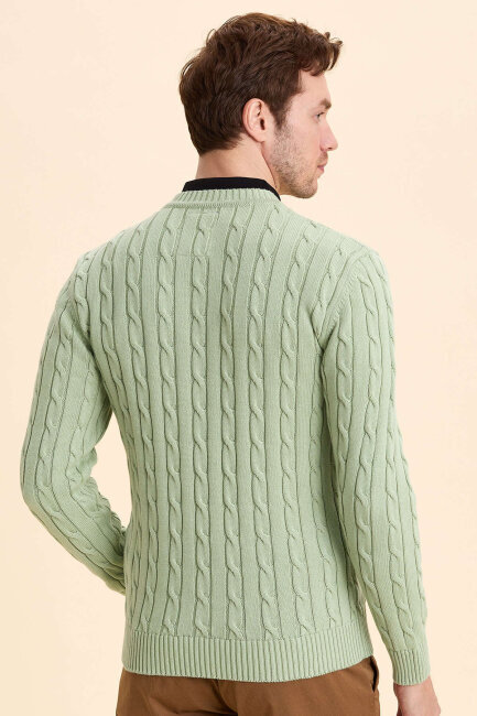 Light Green 100% Cotton Cable Knit Crew Neck Sweater - 6