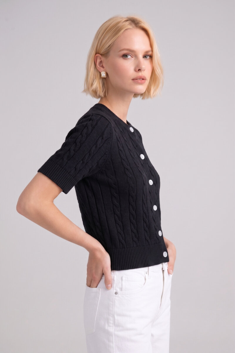 Siyah %100 Pamuk Düğmeli Triko Hırka - 4