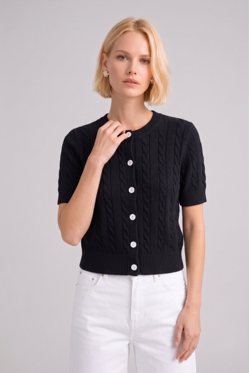 Siyah %100 Pamuk Düğmeli Triko Hırka - 1