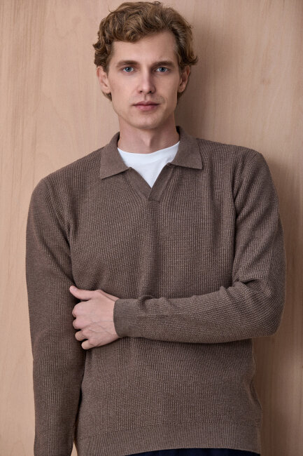 Bej Melanj %100 Pamuk Jakarlı Polo Triko - 1