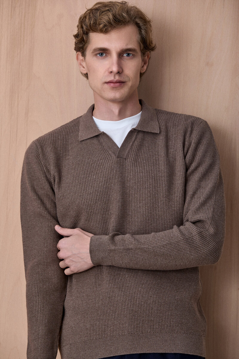 Bej Melanj %100 Pamuk Jakarlı Polo Triko - 1