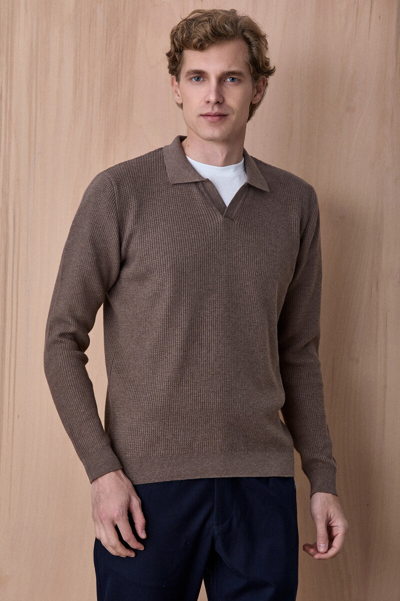 Bej Melanj %100 Pamuk Jakarlı Polo Triko - 3