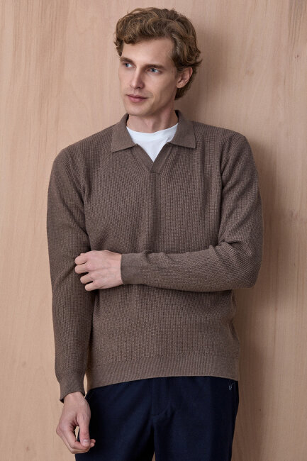 Bej Melanj %100 Pamuk Jakarlı Polo Triko - 4