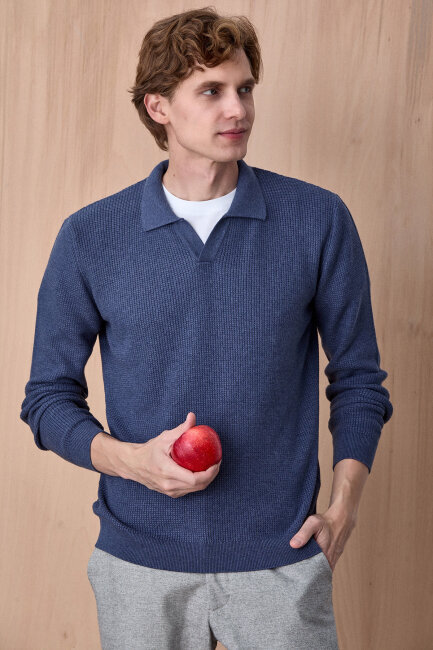 Denim %100 Pamuk Jakarlı Polo Triko - 3