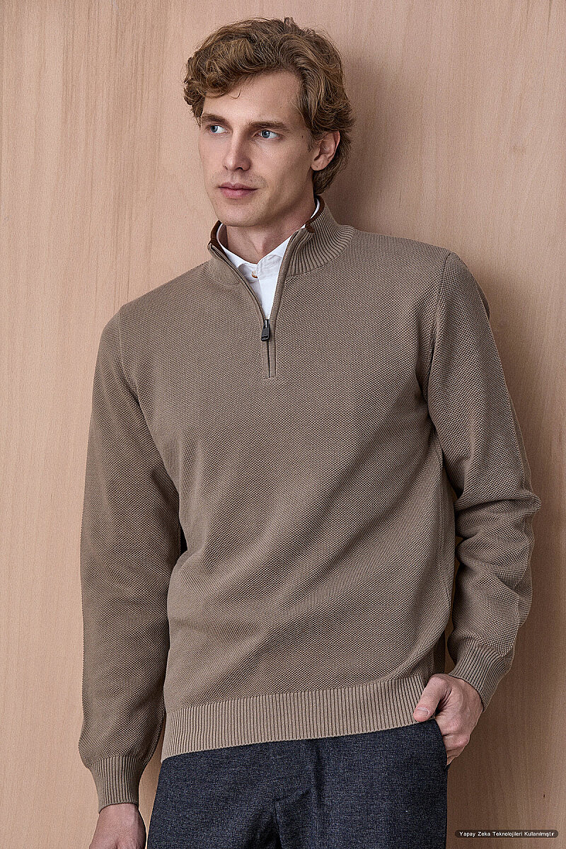 Bej %100 Pamuk Fermuarlı Kazak