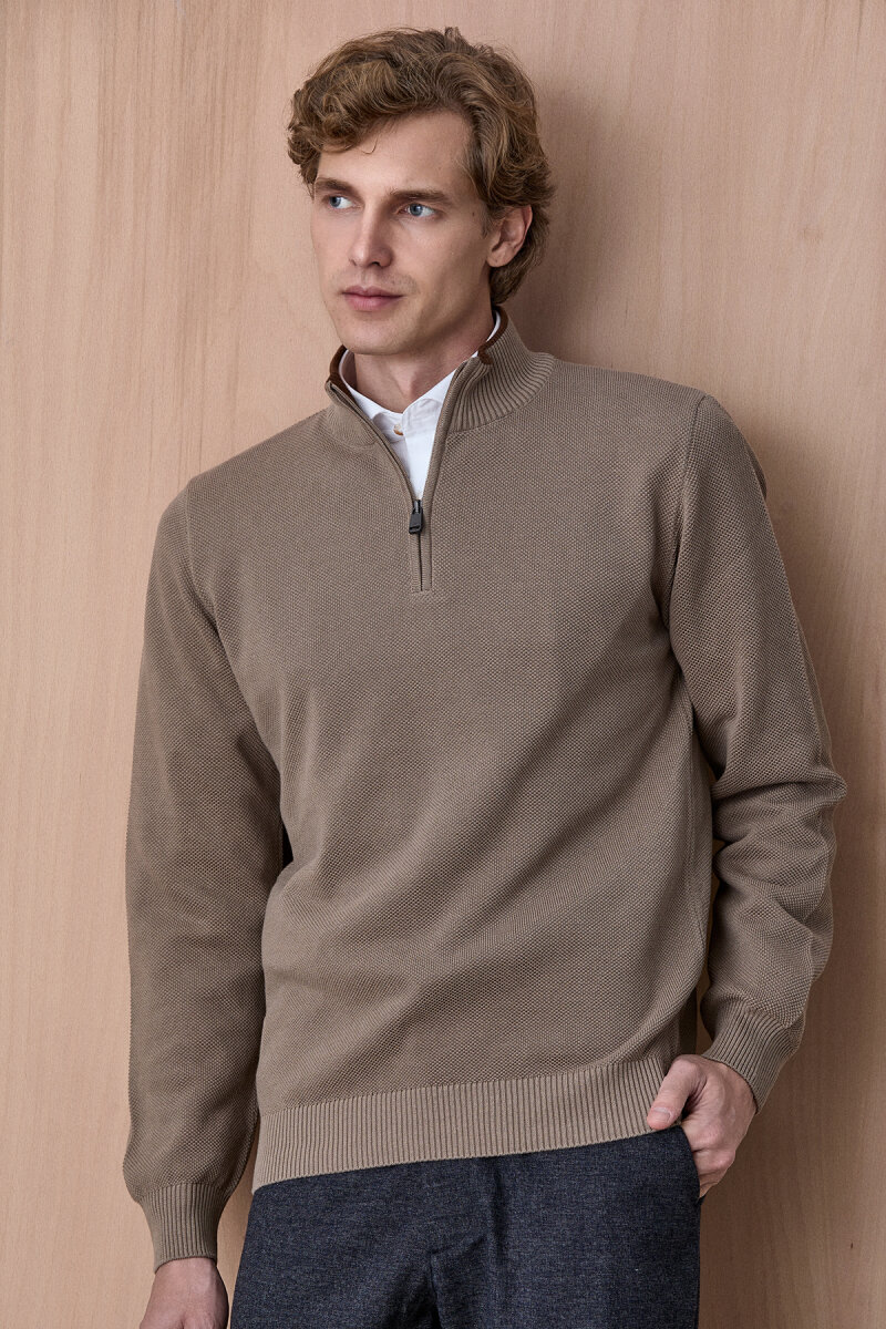 Bej %100 Pamuk Fermuarlı Kazak