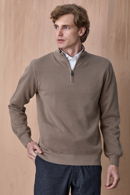 Bej %100 Pamuk Fermuarlı Kazak - 3