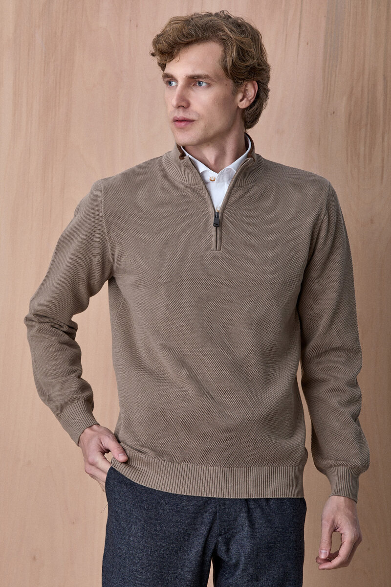 Bej %100 Pamuk Fermuarlı Kazak - 3