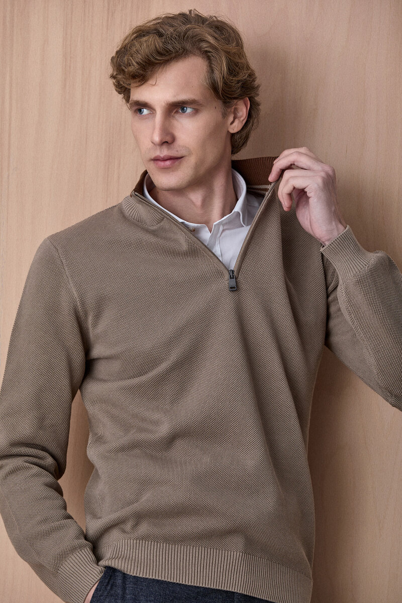 Bej %100 Pamuk Fermuarlı Kazak - 4