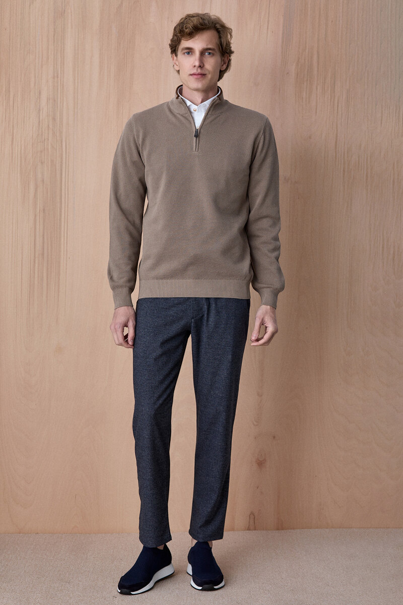 Bej %100 Pamuk Fermuarlı Kazak - 5