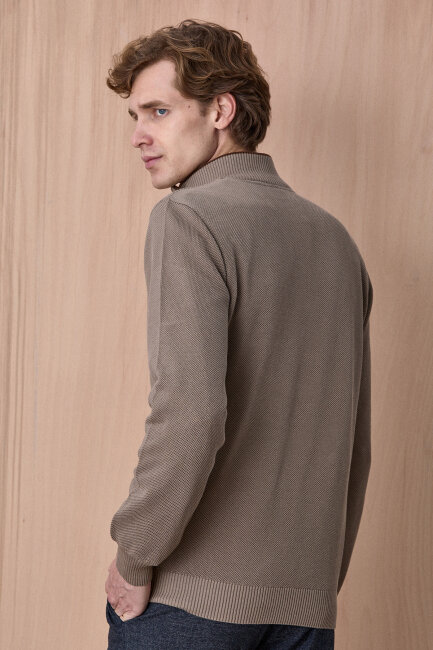 Bej %100 Pamuk Fermuarlı Kazak - 6