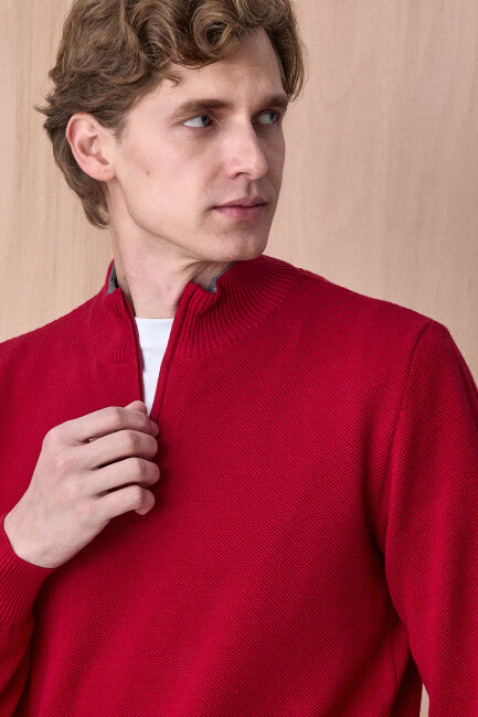 Kırmızı %100 Pamuk Fermuarlı Kazak - 2