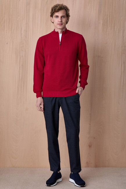 Kırmızı %100 Pamuk Fermuarlı Kazak - 3