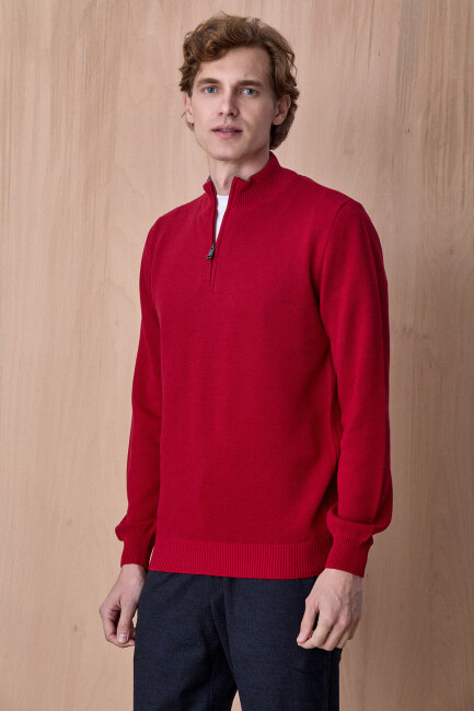 Kırmızı %100 Pamuk Fermuarlı Kazak - 4