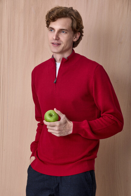 Kırmızı %100 Pamuk Fermuarlı Kazak - 5