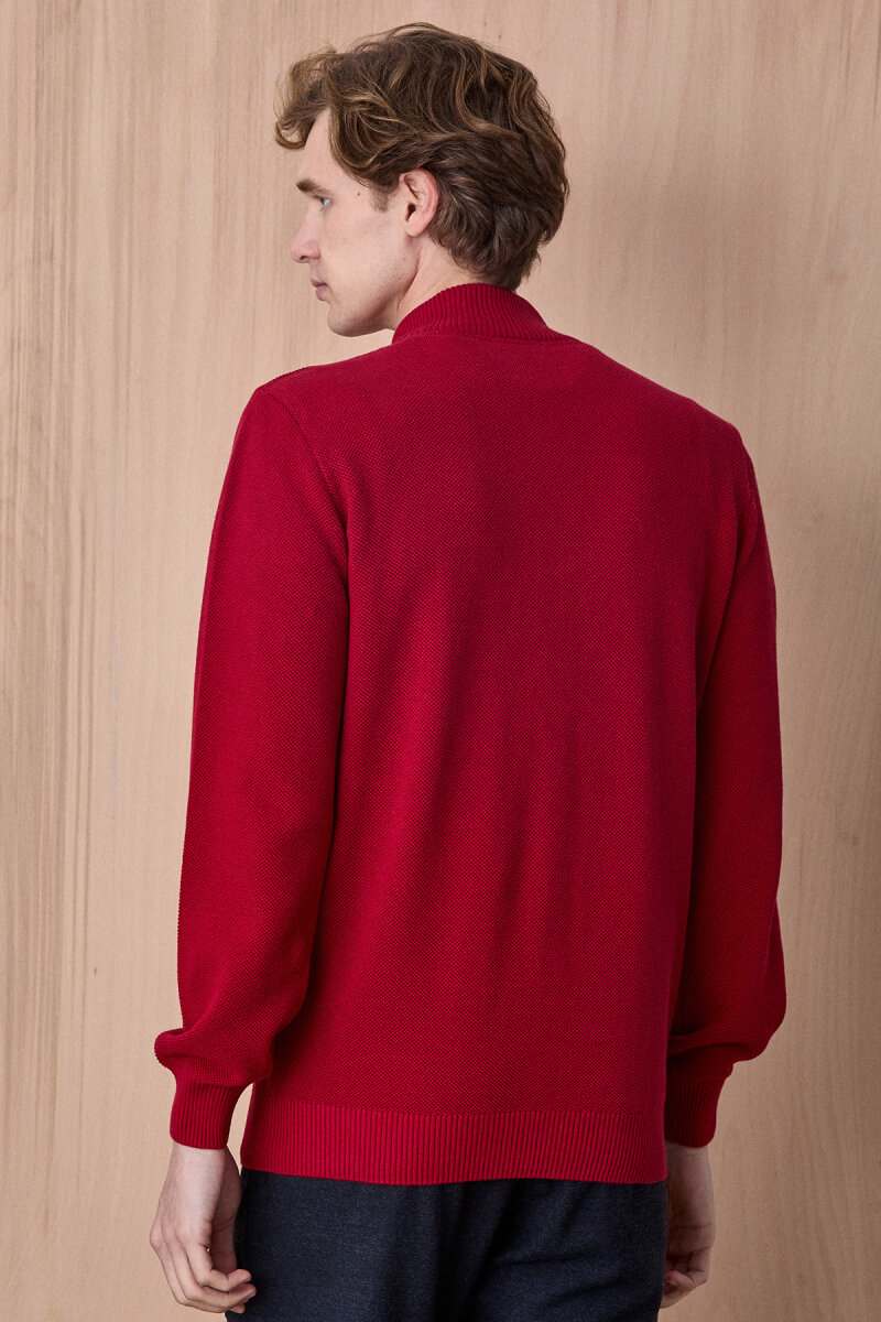 Kırmızı %100 Pamuk Fermuarlı Kazak - 6