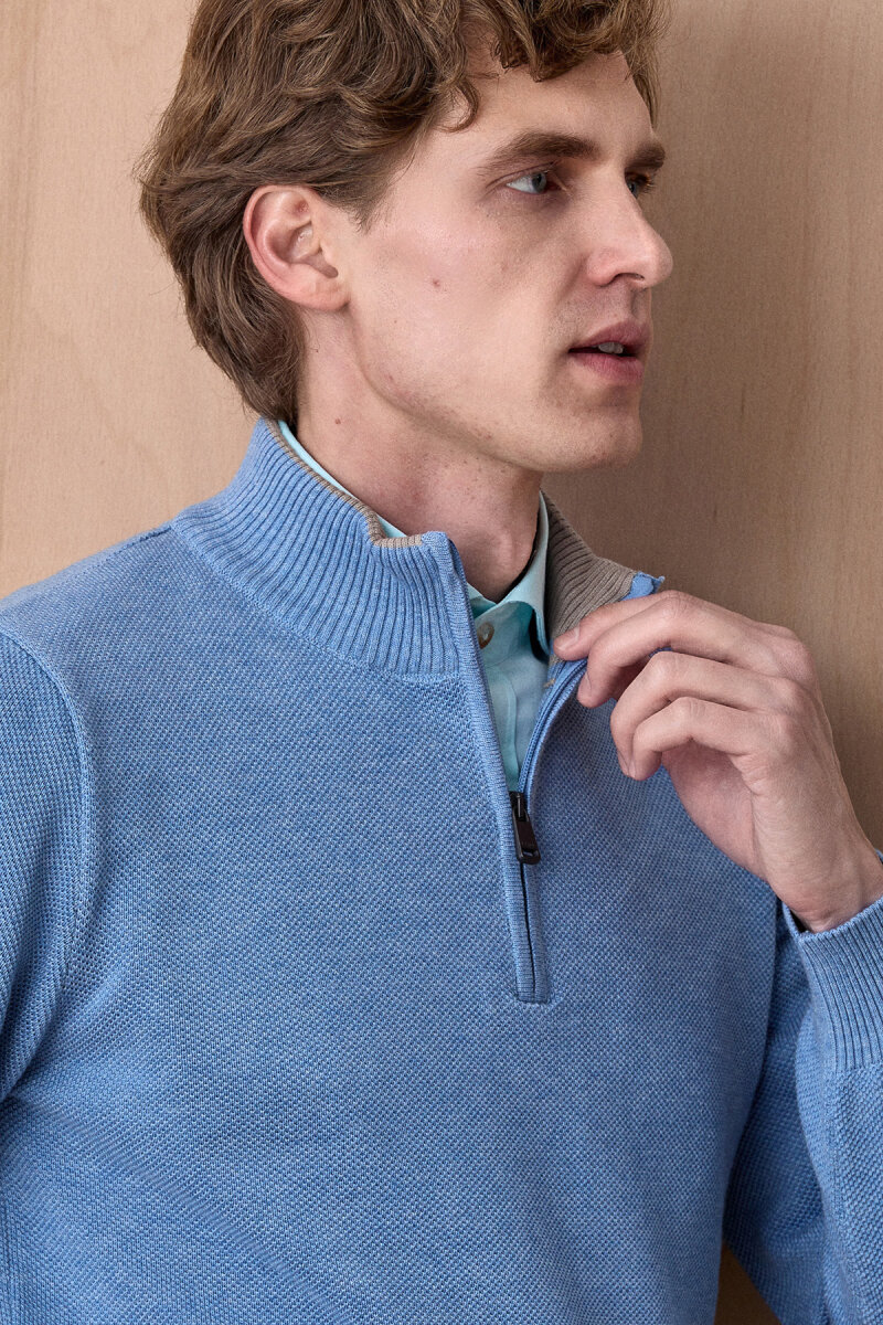 Mavi Melanj %100 Pamuk Fermuarlı Kazak (1)