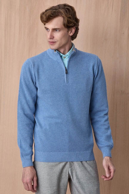 Mavi Melanj %100 Pamuk Fermuarlı Kazak - 3