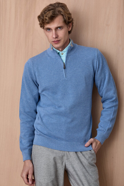 Mavi Melanj %100 Pamuk Fermuarlı Kazak 