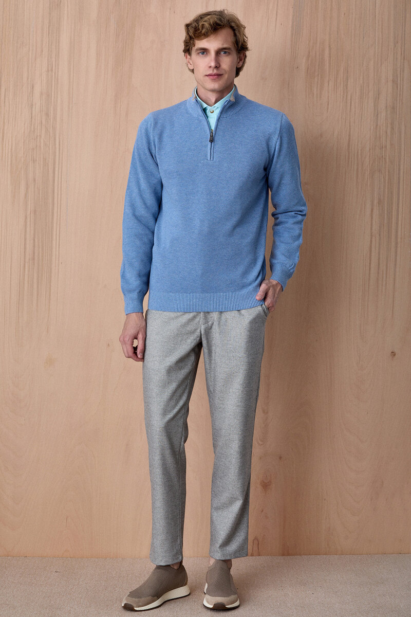 Mavi Melanj %100 Pamuk Fermuarlı Kazak - 5