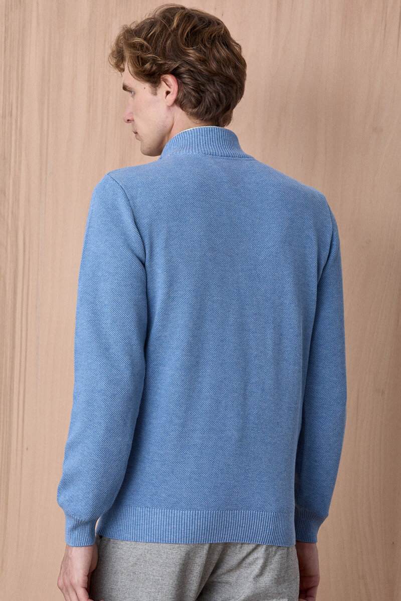 Mavi Melanj %100 Pamuk Fermuarlı Kazak - 6