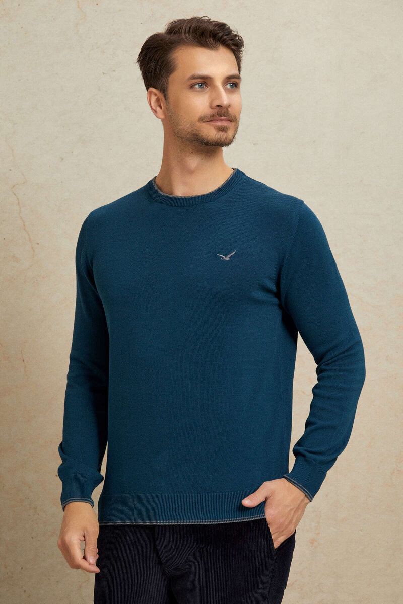 Petrol %100 Pamuk Yuvarlak Yaka Kazak - 5