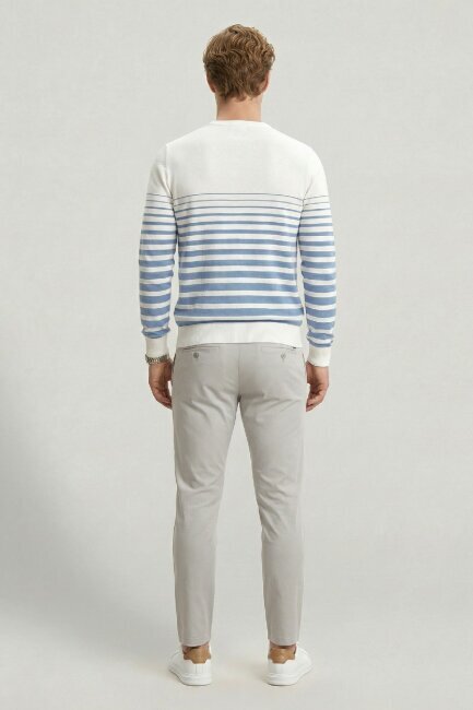 Off-Blue 100% Cotton Striped Crew Neck Sweater - 6