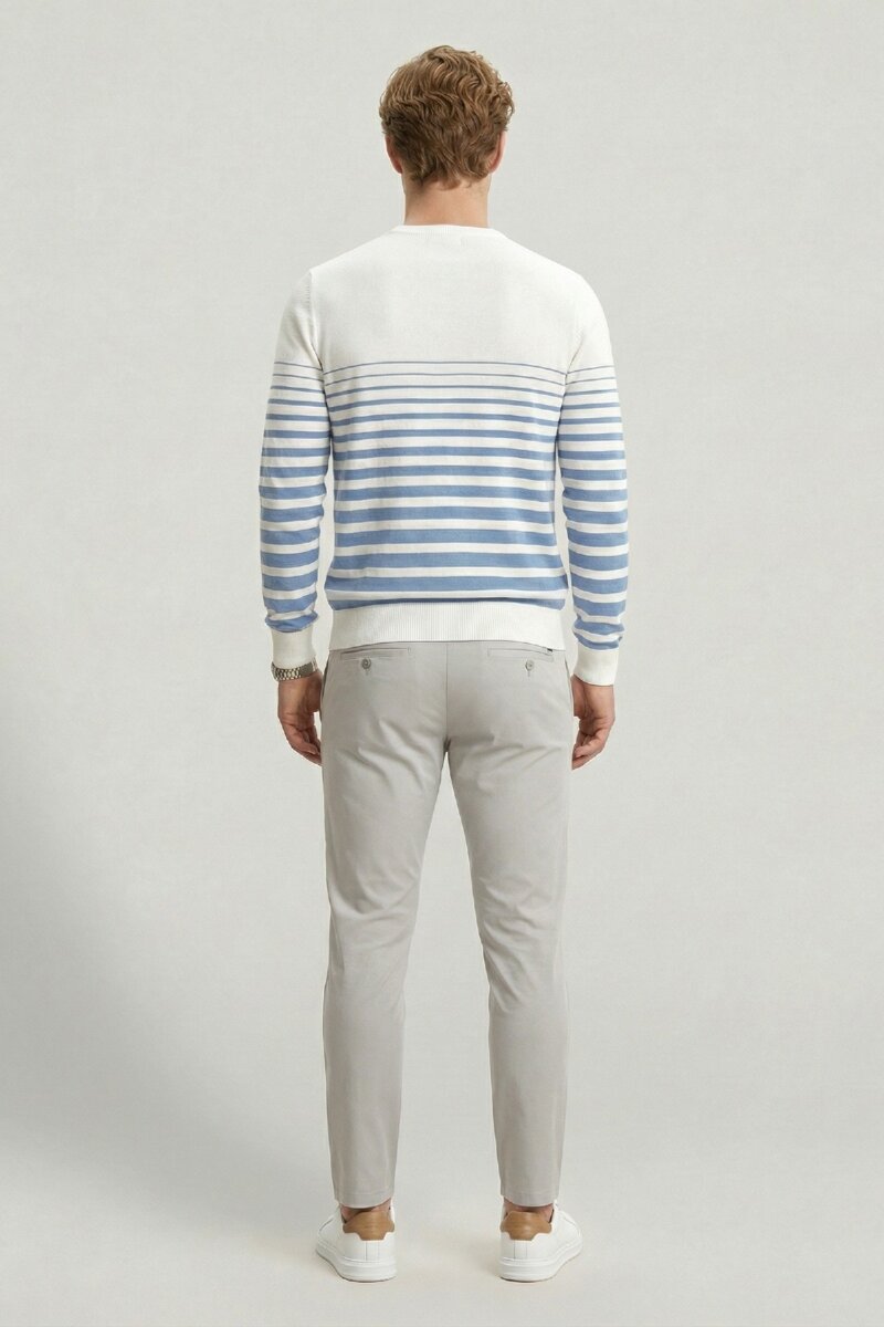 Off-Blue 100% Cotton Striped Crew Neck Sweater - 6