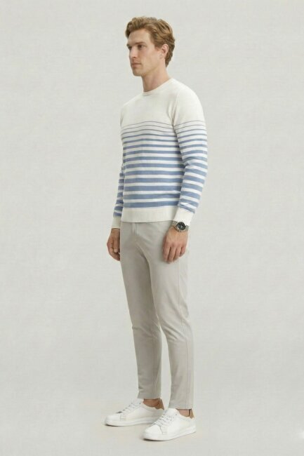 Off-Blue 100% Cotton Striped Crew Neck Sweater - 4