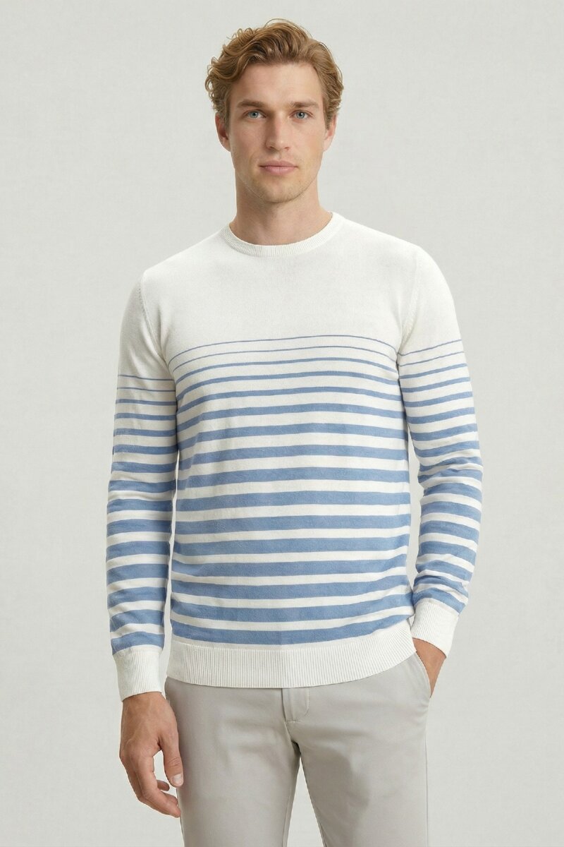 Off-Blue 100% Cotton Striped Crew Neck Sweater - 1
