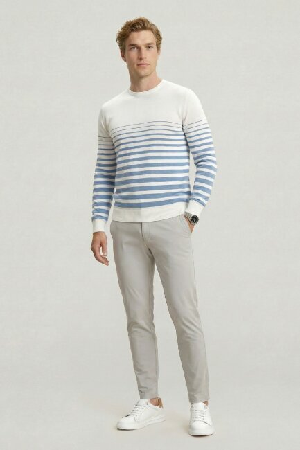 Off-Blue 100% Cotton Striped Crew Neck Sweater - 2