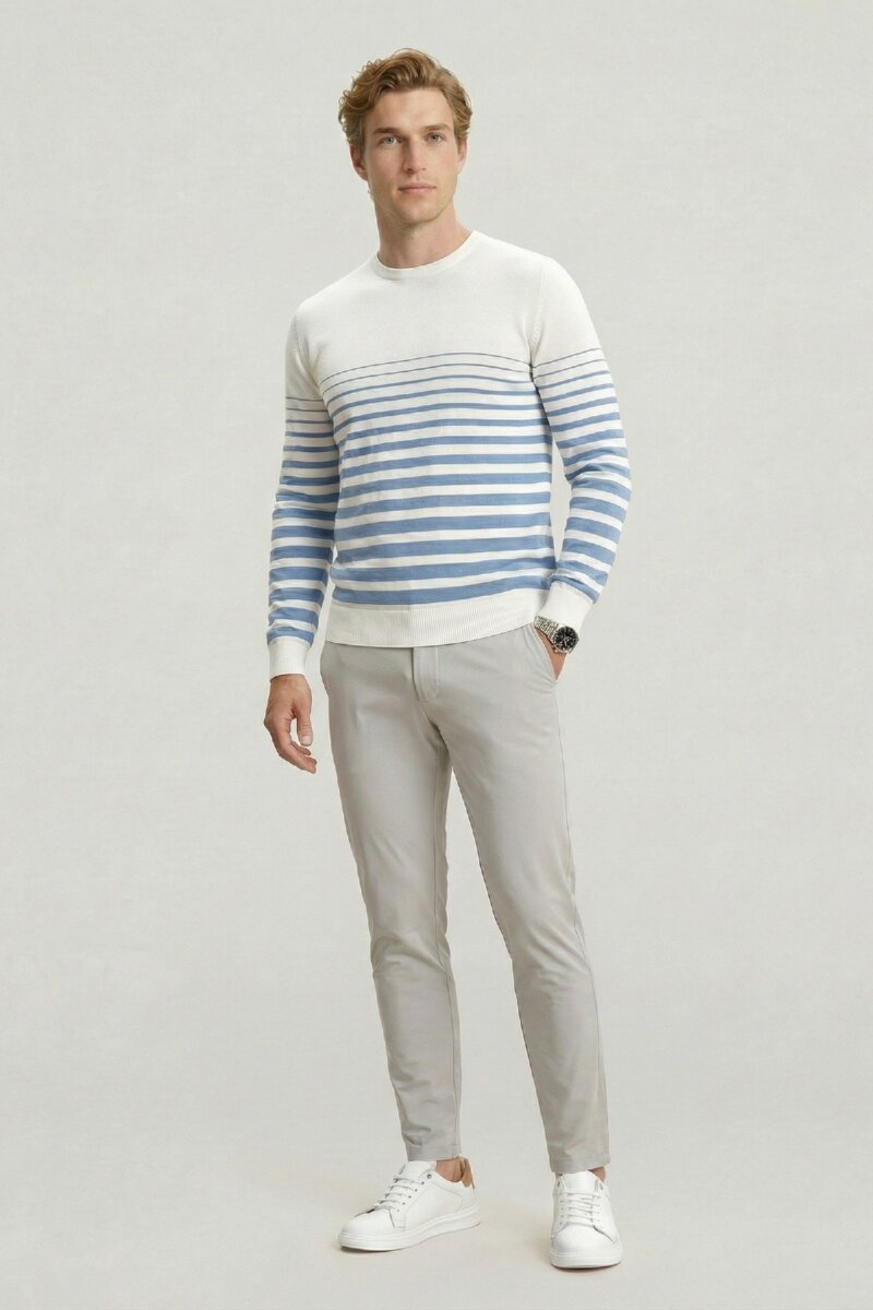 Off-Blue 100% Cotton Striped Crew Neck Sweater - 2