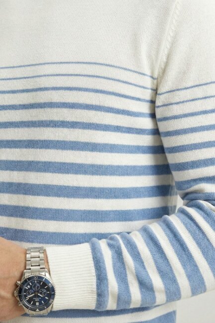 Off-Blue 100% Cotton Striped Crew Neck Sweater - 3