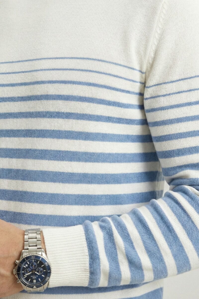 Off-Blue 100% Cotton Striped Crew Neck Sweater - 3