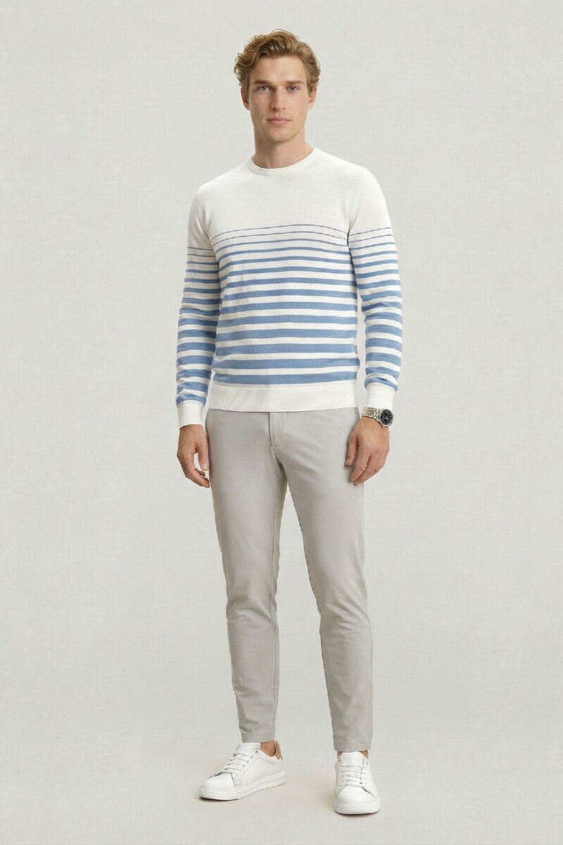 Off-Blue 100% Cotton Striped Crew Neck Sweater - 5