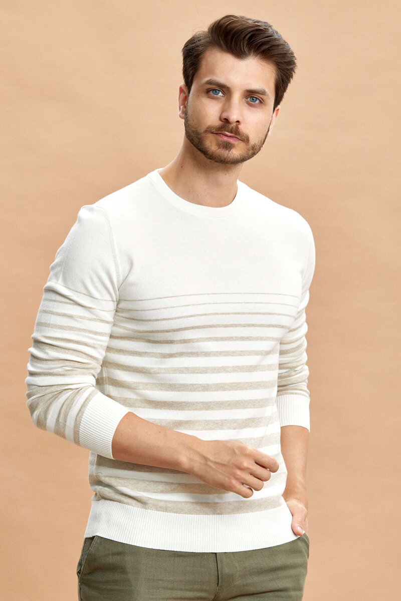 Off-white/beige 100% Cotton Striped Crew Neck Sweater (1)