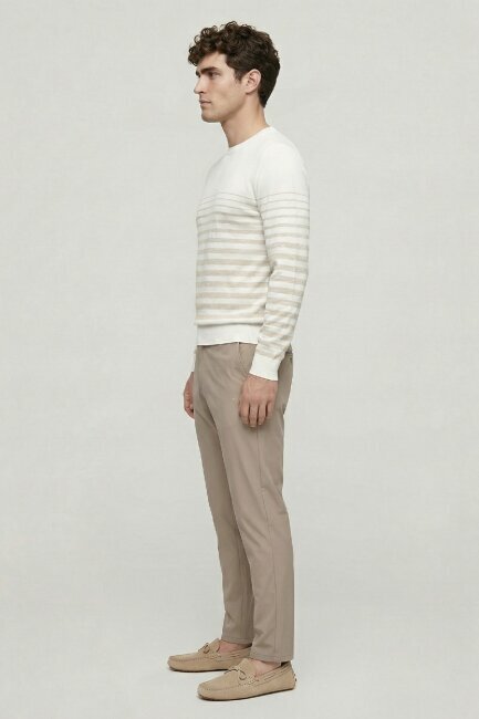 Off-white/beige 100% Cotton Striped Crew Neck Sweater - 3