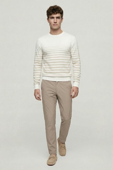 Off-white/beige 100% Cotton Striped Crew Neck Sweater - 2