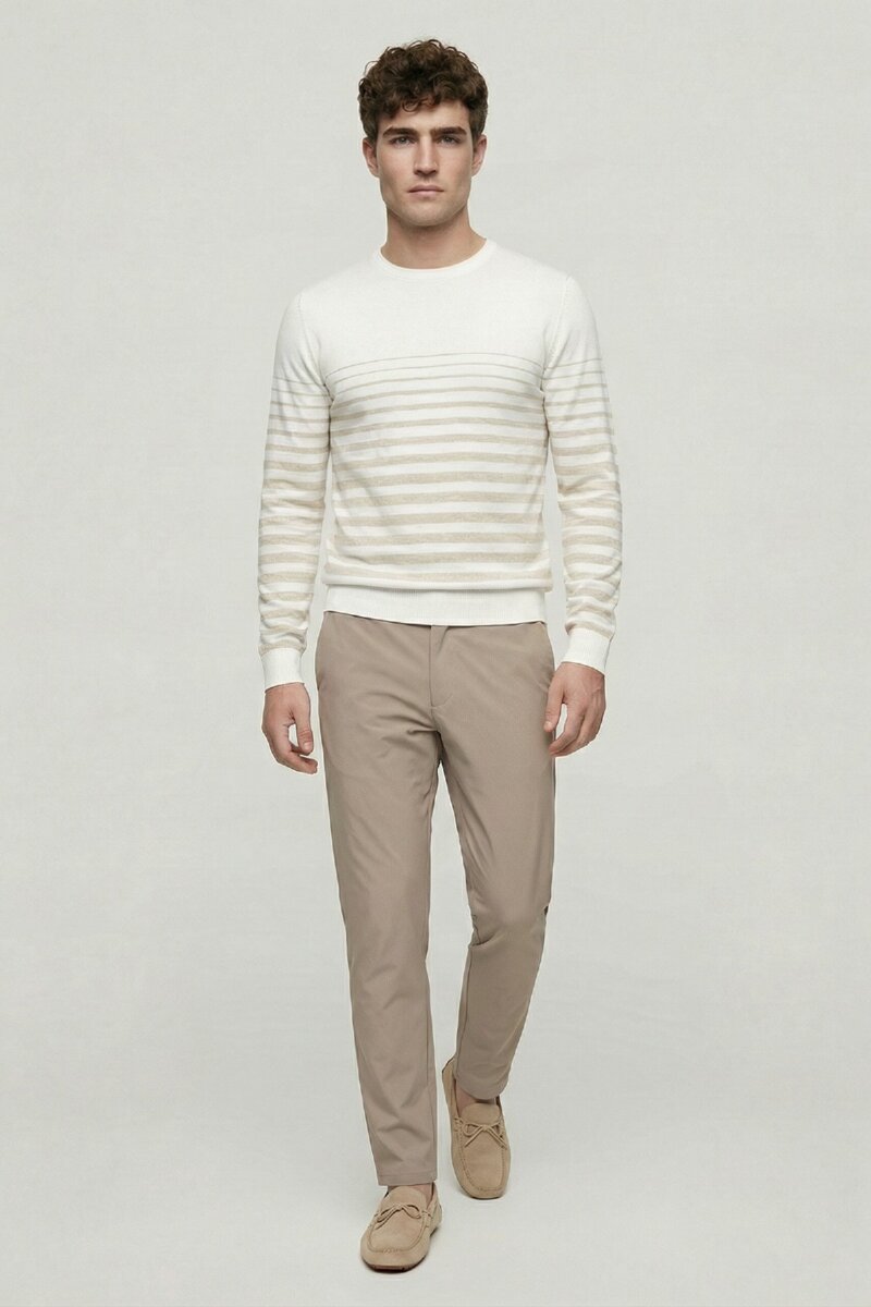 Off-white/beige 100% Cotton Striped Crew Neck Sweater - 2