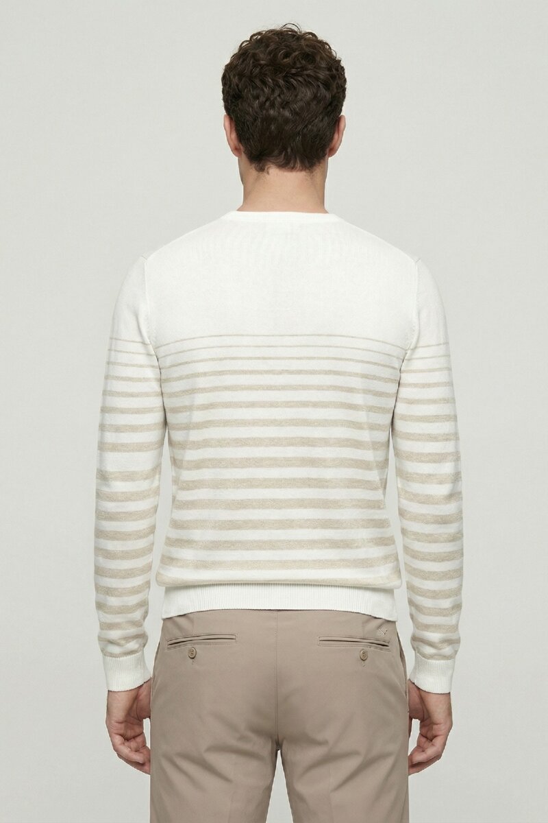 Off-white/beige 100% Cotton Striped Crew Neck Sweater - 6