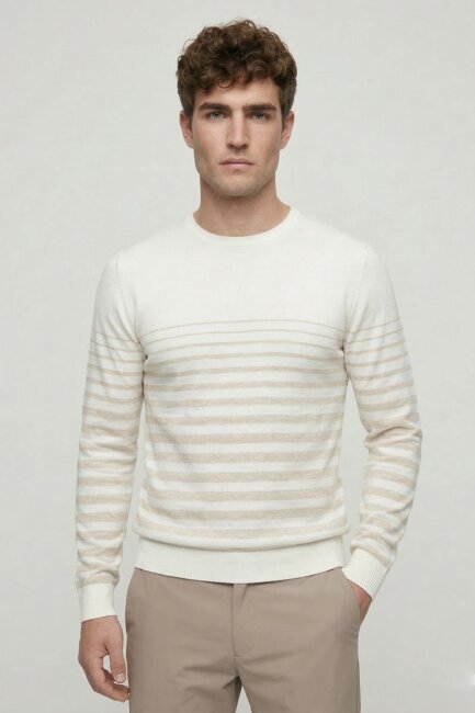 Off-white/beige 100% Cotton Striped Crew Neck Sweater - 1