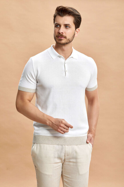 White - Beige Polo Knitwear T-Shirt - 5