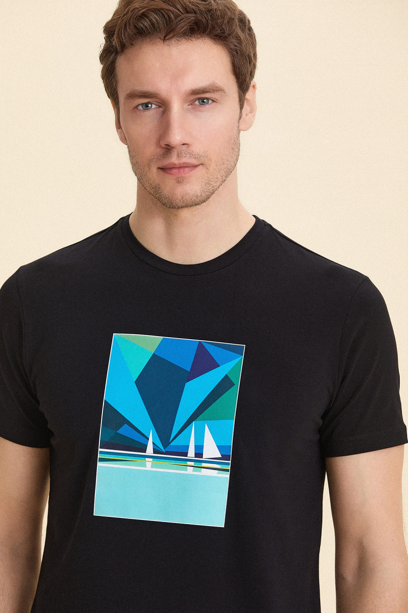 Siyah Pamuklu Marin Baskılı Tişört