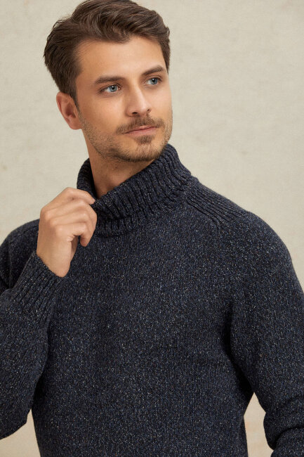 Navy Blue 100% Cotton Round Neck Sweater - 2