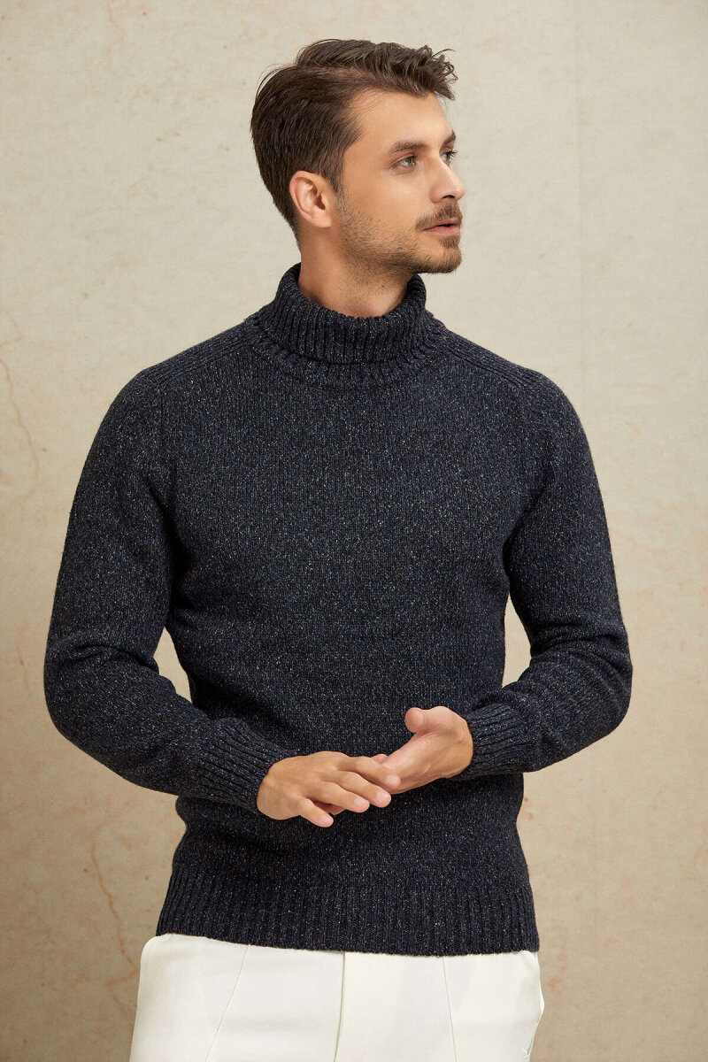 Navy Blue 100% Cotton Round Neck Sweater - 3