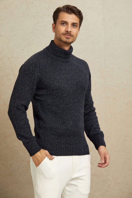 Navy Blue 100% Cotton Round Neck Sweater - 4