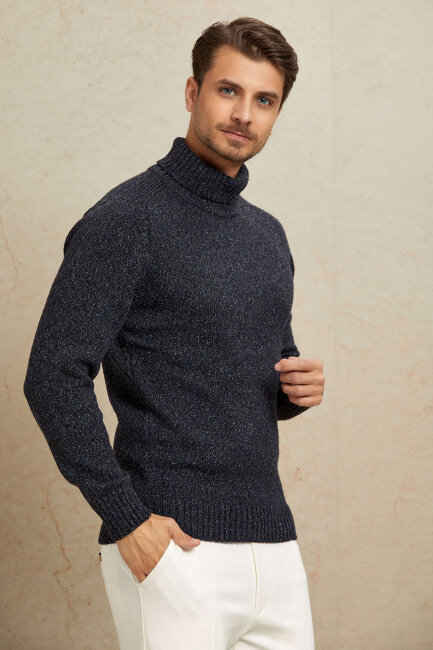 Navy Blue 100% Cotton Round Neck Sweater - 5