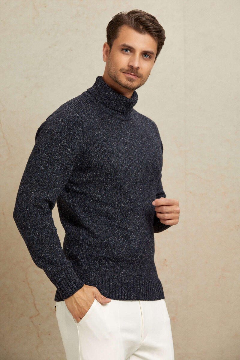 Navy Blue 100% Cotton Round Neck Sweater - 5