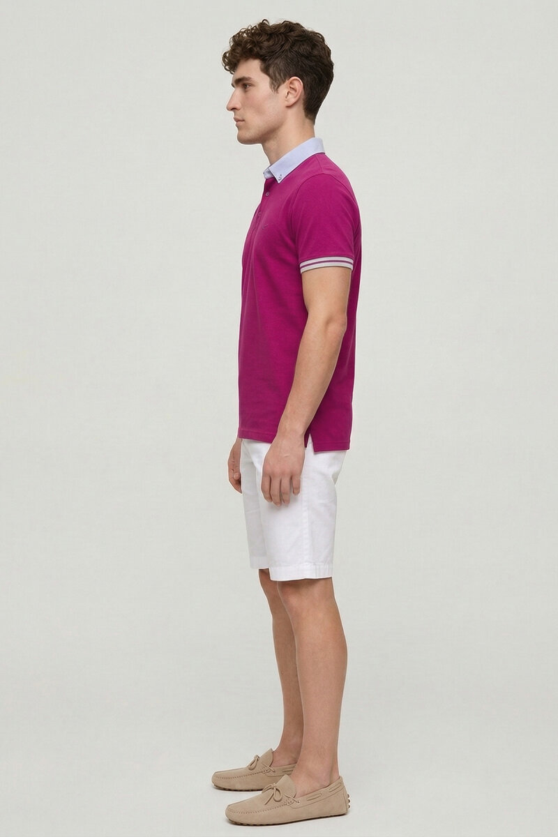 Pembe %100 Pamuk Polo Yaka Tişört - 4